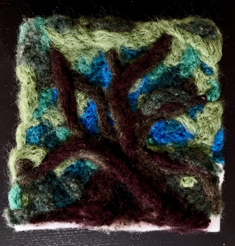 A flat needlefelted image of an oak tree.