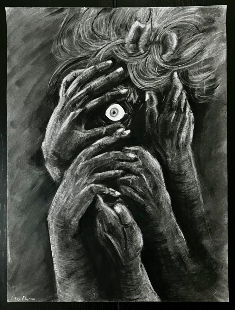 A charcoal drawing of a face almost completely obscured by five hands, so only one scared eye and some hair is visible.