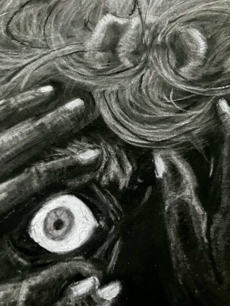 A charcoal drawing of a face almost completely obscured by five hands, so only one scared eye and some hair is visible.
