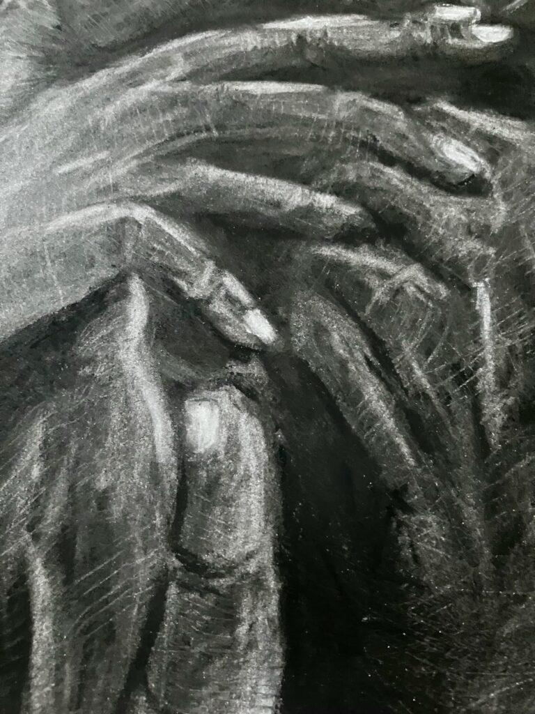 A charcoal drawing of a face almost completely obscured by five hands, so only one scared eye and some hair is visible.