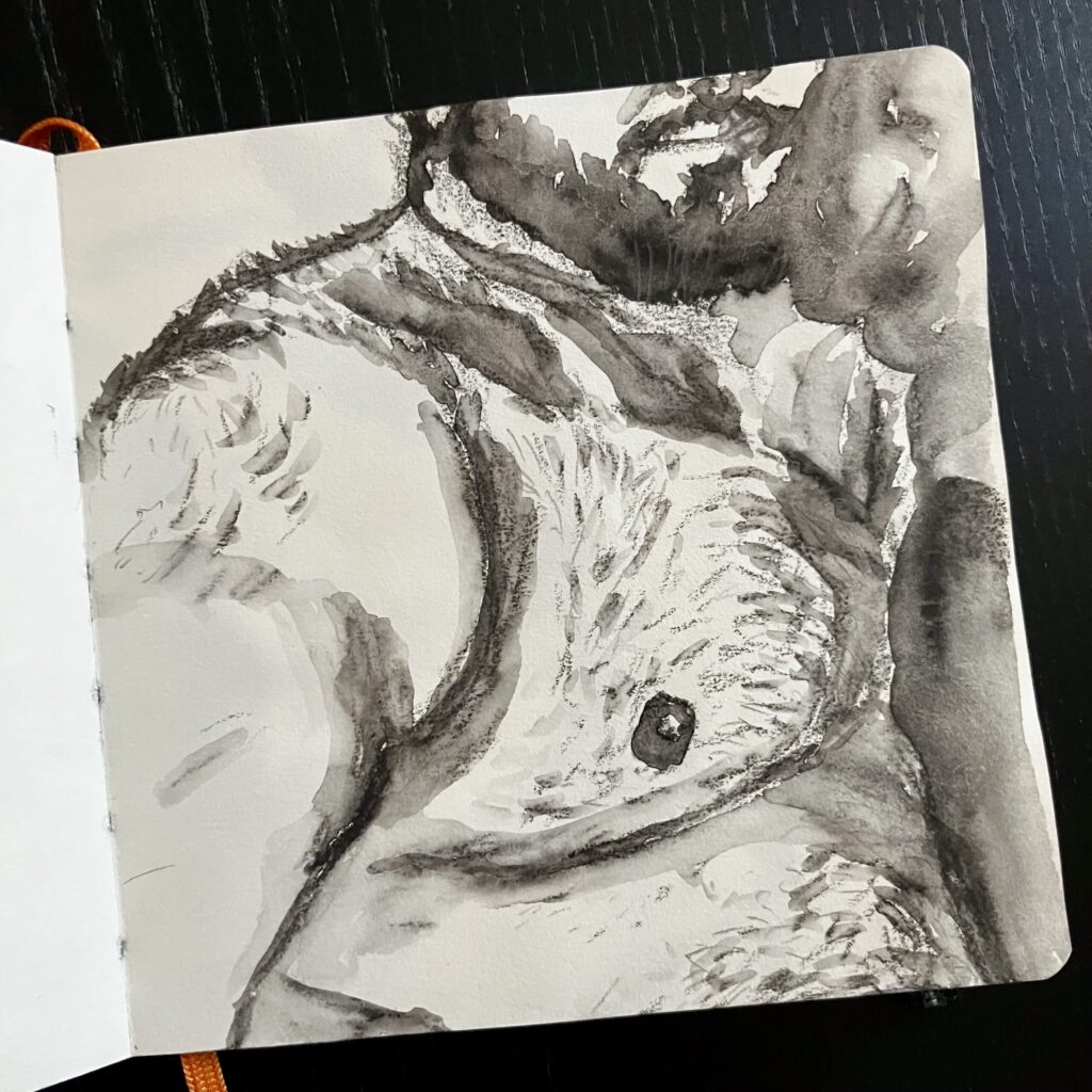 A graphite drawing of a shirtless man.