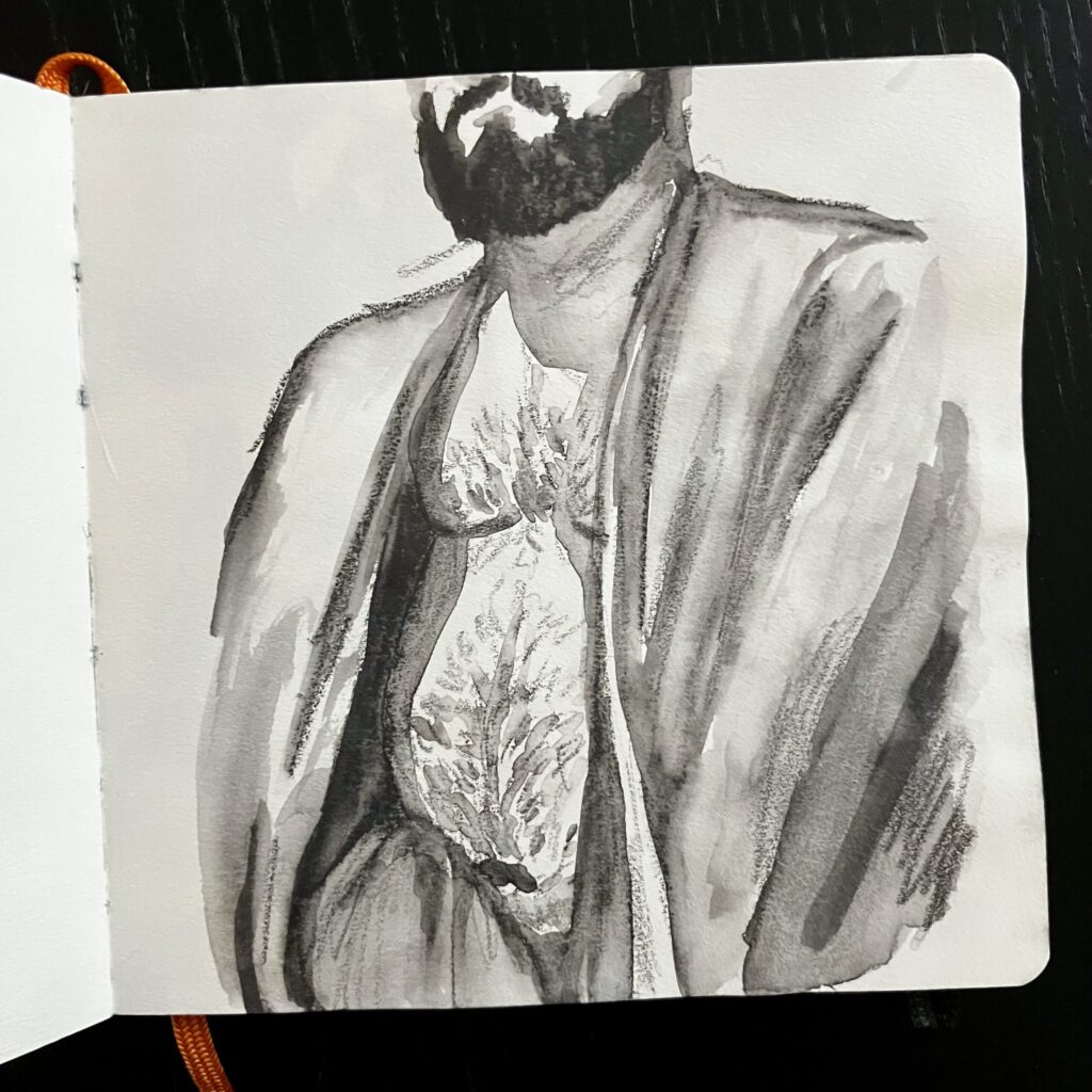 A graphite drawing of a shirtless man in some kind of shawl.