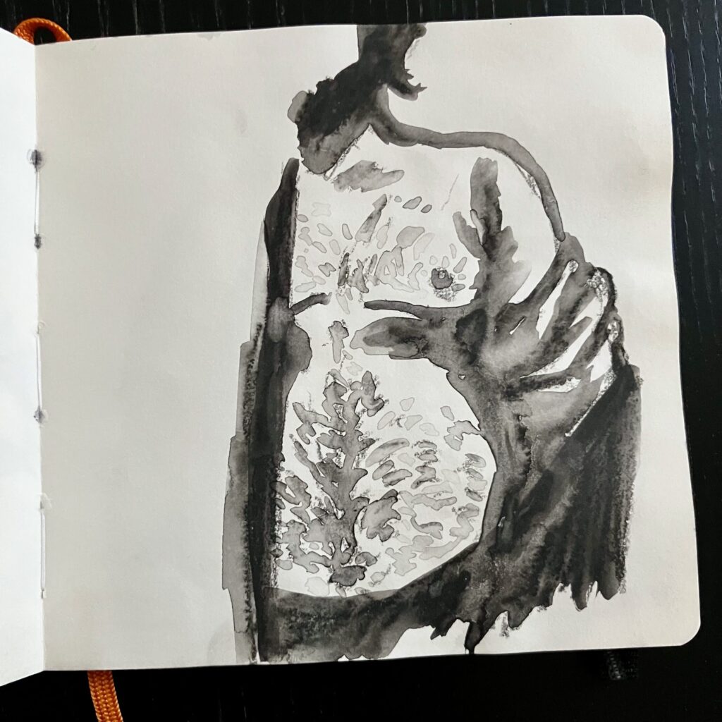 A graphite drawing of a shirtless man in some kind of shawl.