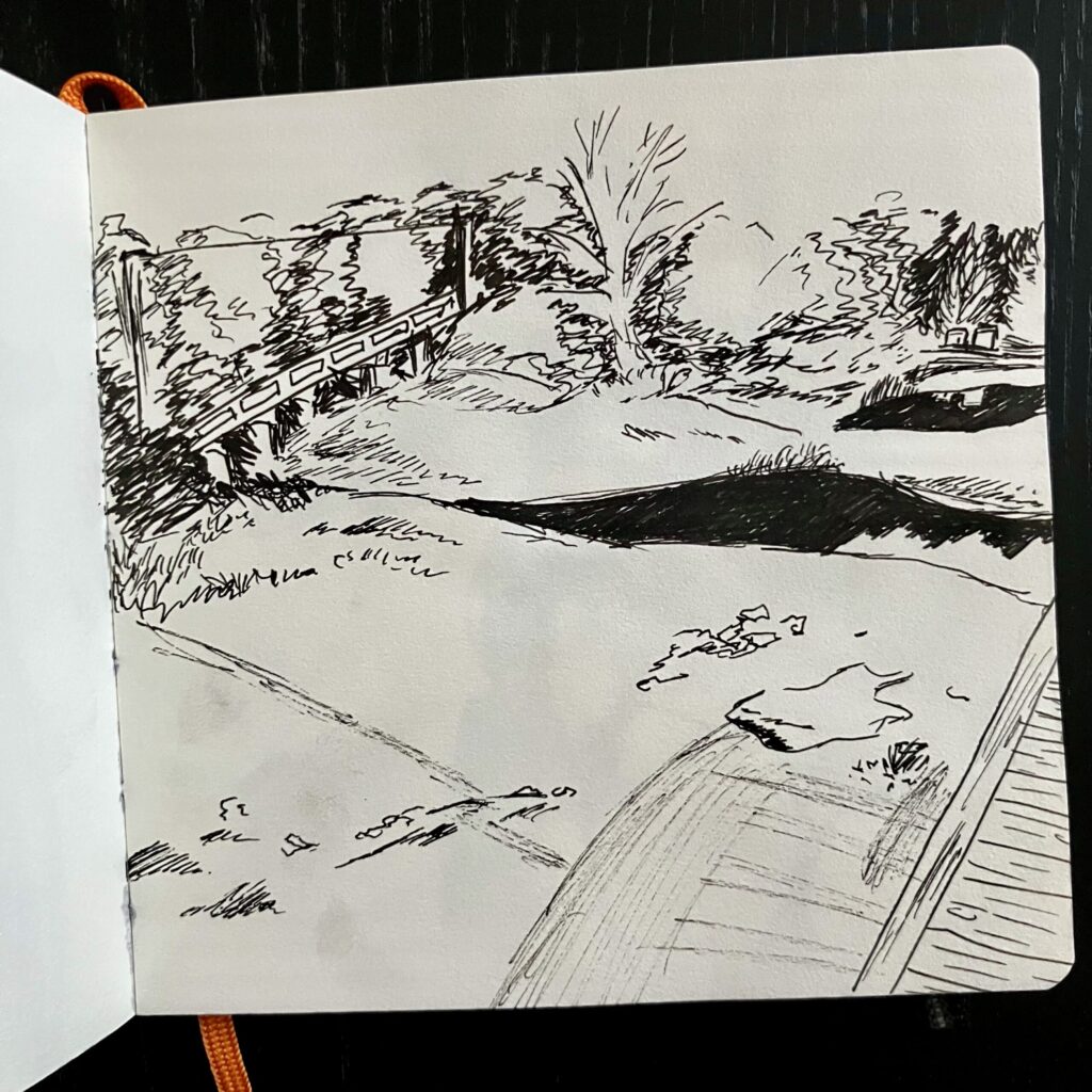 A pen sketch of a mostly drained lake bed.