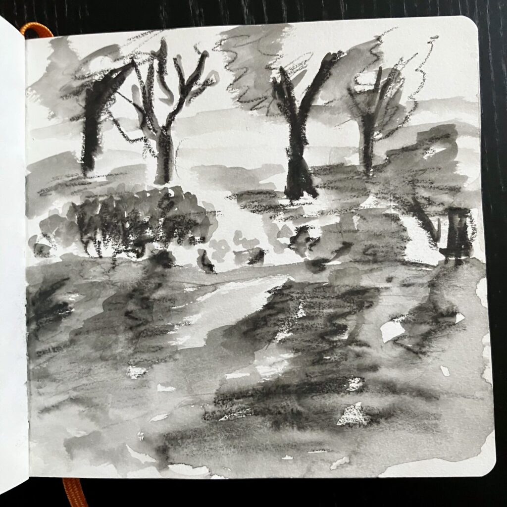 A graphite drawing of trees and water.