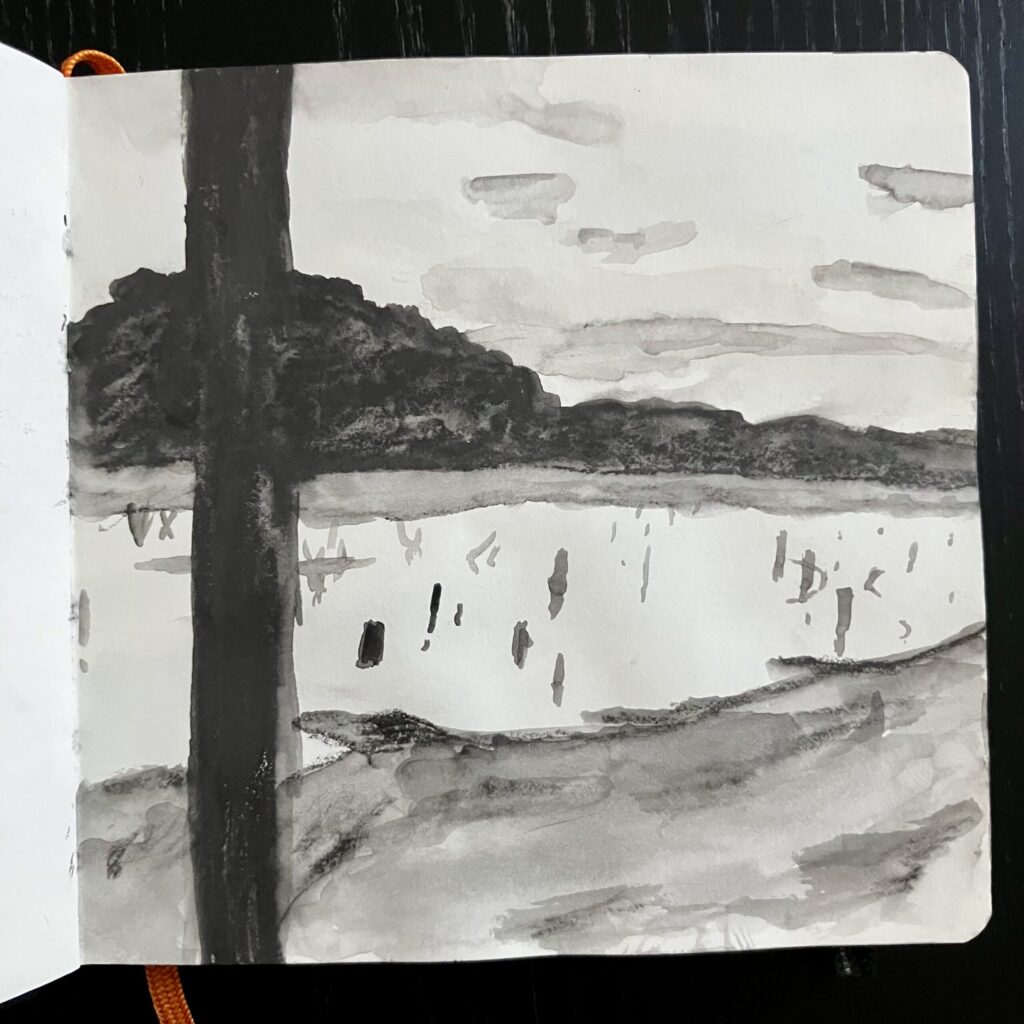 A graphite drawing of a mostly drained lake bed.