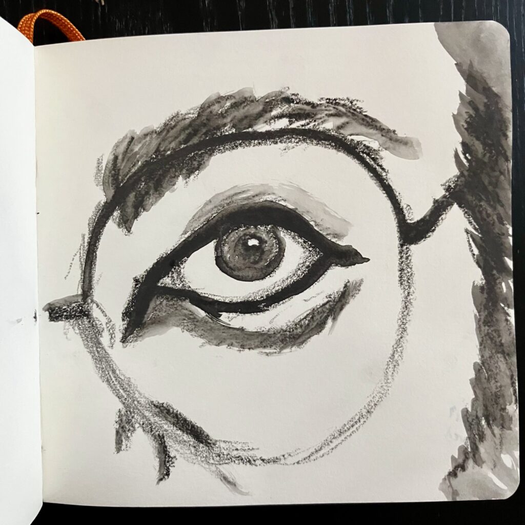 A close up drawing of an eye behind glasses.