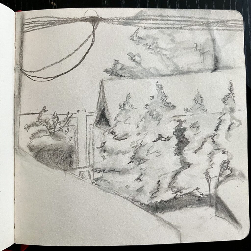 A graphite drawing of a snowy shed.