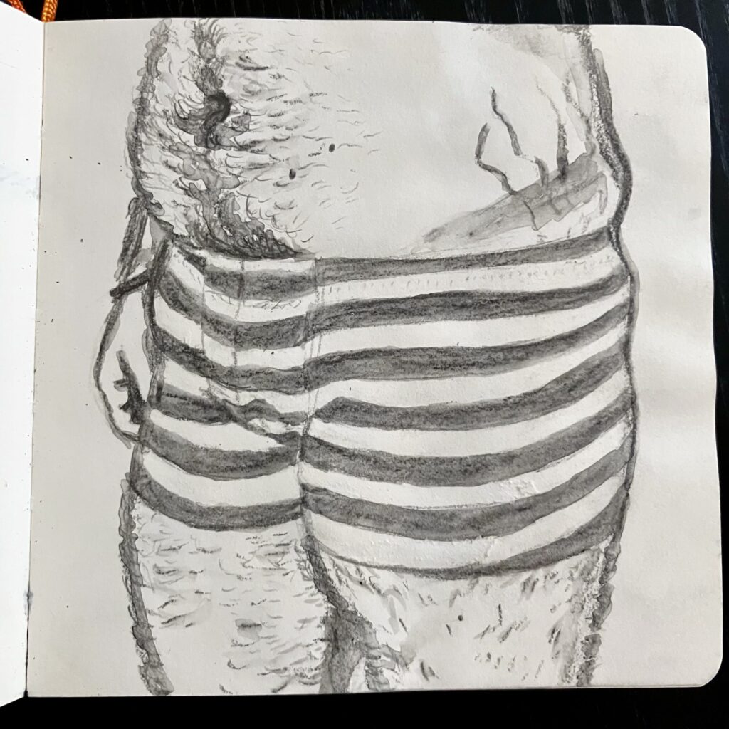 A graphite drawing of a person in striped boxer shorts.