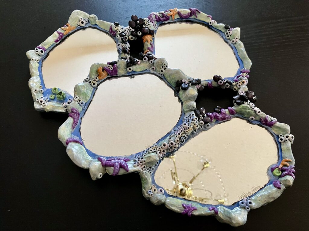 An assemblage of mirrors with tidepool rocks and creatures sculpted around them.