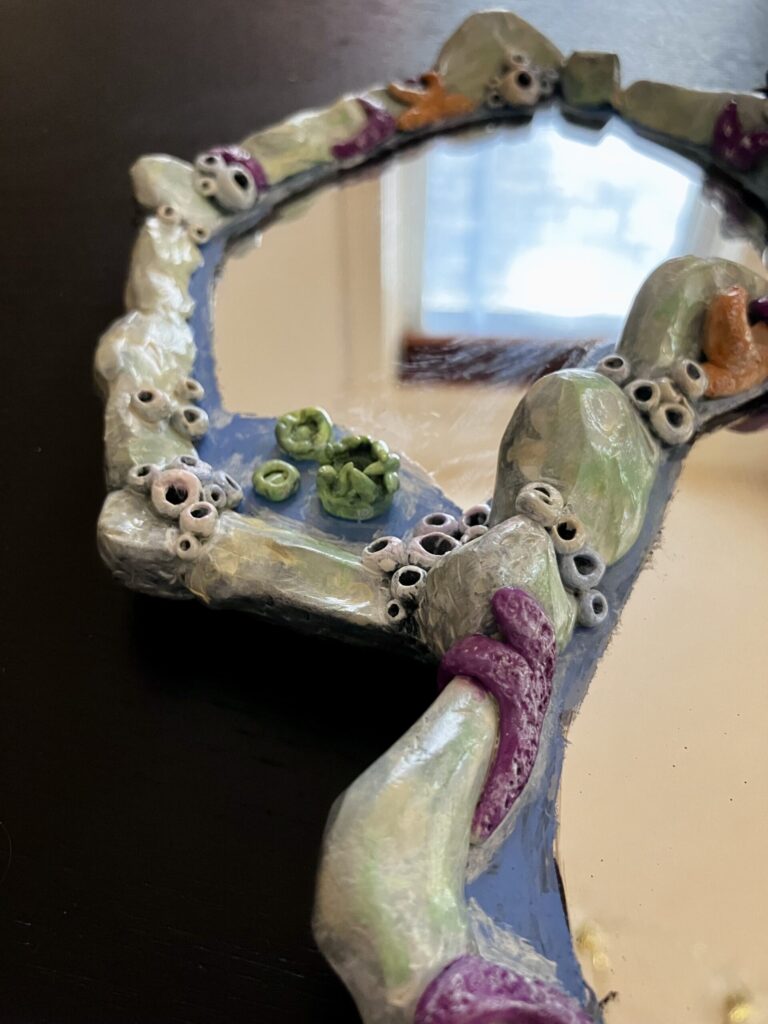 An assemblage of mirrors with tidepool rocks and creatures sculpted around them.