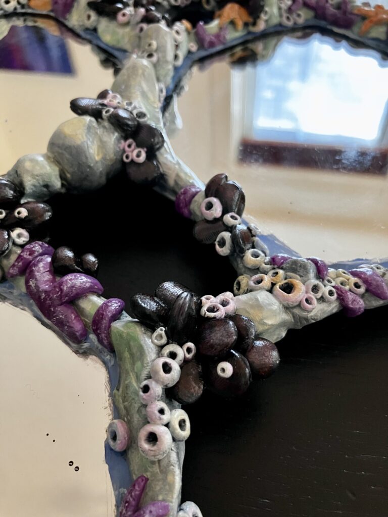 An assemblage of mirrors with tidepool rocks and creatures sculpted around them.