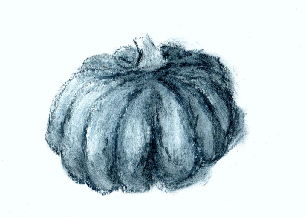 A blue oil pastel drawing a a short, flat pumpkin.