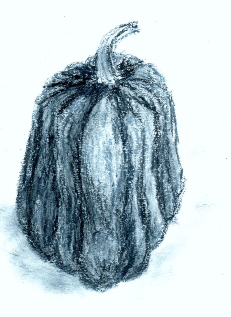 A blue oil pastel drawing a a tall, thin pumpkin.