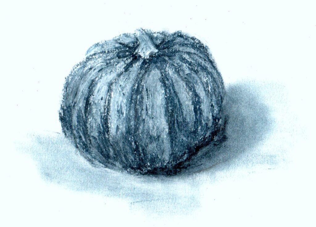 A blue oil pastel drawing a a round pumpkin.
