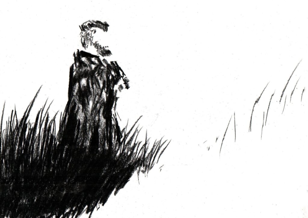 A charcoal sketch of a man standing in tall grass.