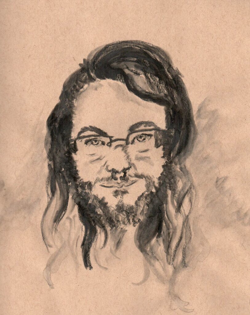 A graphite drawing of a smiling person with long hair, beard, and glasses.