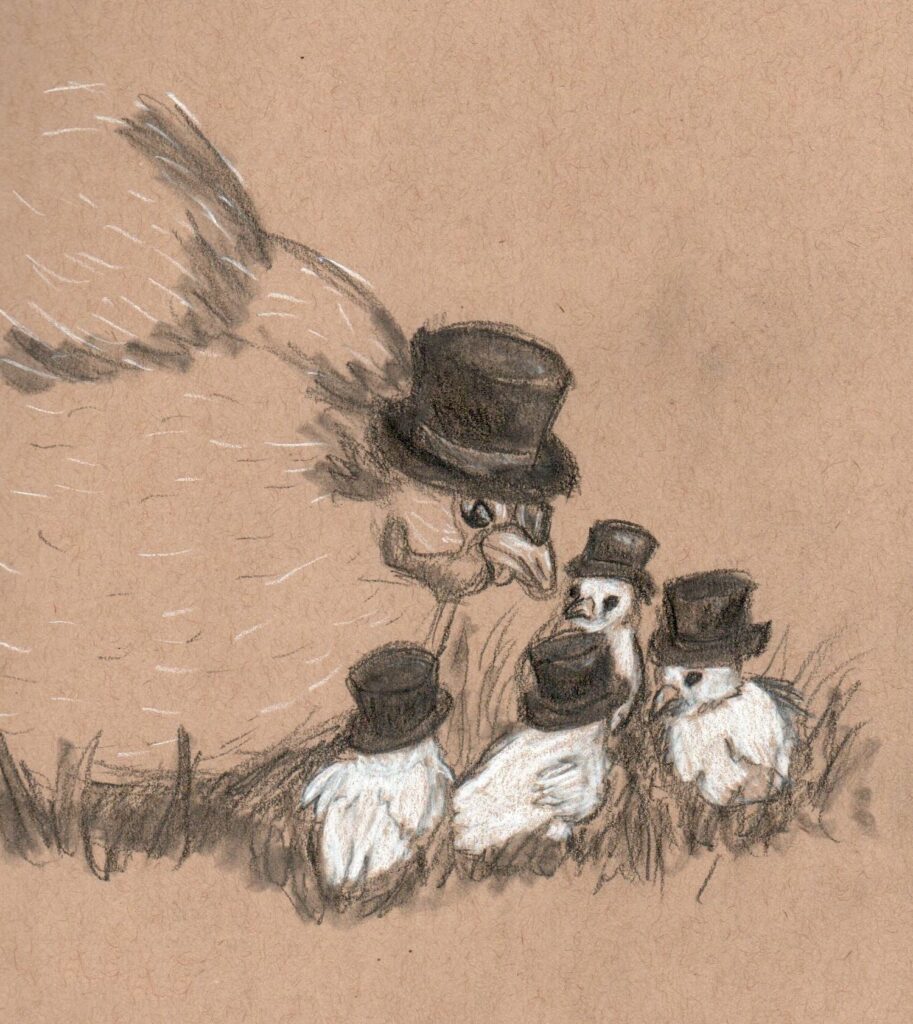 A drawing of a hen wearing a top hat, leaning down to look at a bunch of chicks wearing top hats.